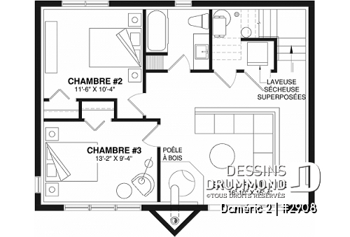 Sous-sol - Plan de chalet de ski avec plafond cathédral, 3-4 chambres, foyer, grande terrasse et rangement - Daméric 2