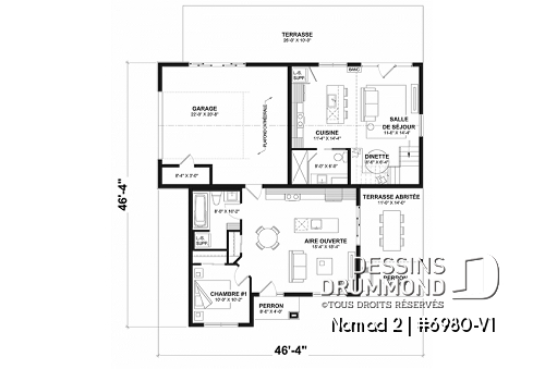 Rez-de-chaussée option 1 - Maison de style farmhouse avec garage VR attaché, et une option proposant un logement 2 chambres à étage - Nomad 2